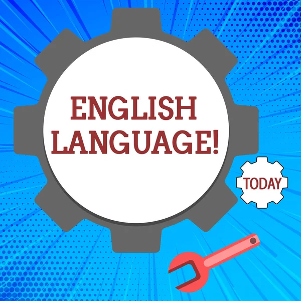 Handwriting text English Language. Concept meaning third spoken native lang in world after Chinese and Spanish Big and Small Cog Wheel Gear and Wrench Mechanical Tool for SEO and Web Icon. — Stock Photo, Image