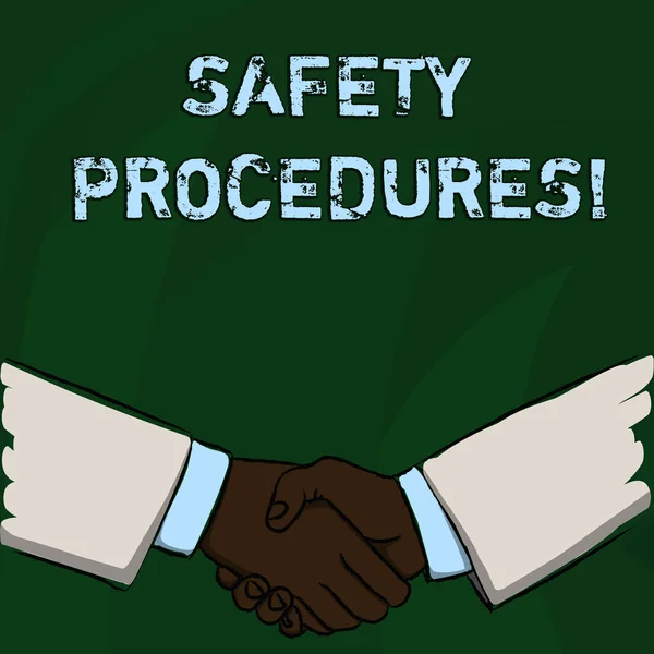 文字书写文本安全程序。遵守工作场所安全规章制度的经营理念商人坚定地握手作为问候与协议的手势形式. — 图库照片
