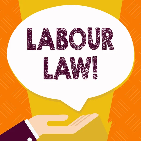 Text sign showing Labour Law. Conceptual photo rules relating to rights and responsibilities of workers Palm Up in Supine Position for Donation Hand Sign Icon and Speech Bubble.