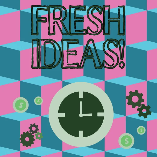 Writing note showing Fresh Ideas. Business photo showcasing thought or suggestion as to a possible course of action Time Management Icons of Clock, Cog Wheel Gears and Dollar.
