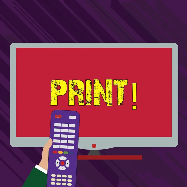 Conceptual hand writing showing Print. Business photo text Produce letter numbers symbols on paper by machine using ink or toner Hand Holding Remote Control infront of Wide Color PC Screen.
