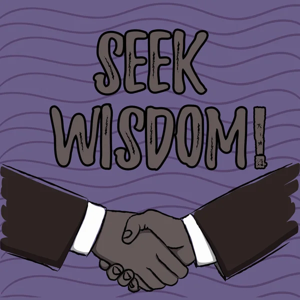 Word writing text Seek Wisdom. Business concept for ability to think act using knowledge experience understanding Businessmen Shaking Hands Firmly as Gesture Form of Greeting and Agreement.