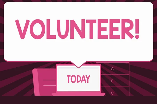 Text sign showing Volunteer. Conceptual photo Volunteering individual for greater social cause serving others Blank Huge Speech Bubble Pointing to White Laptop Screen in Workspace Idea. — Stock Photo, Image