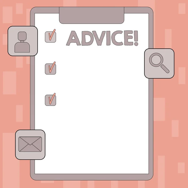 Writing note showing Advice. Business photo showcasing Learn to be good at advicing showing, businesses Clipboard with Tick Box and Apps for Assessment and Reminder. — Stock Photo, Image
