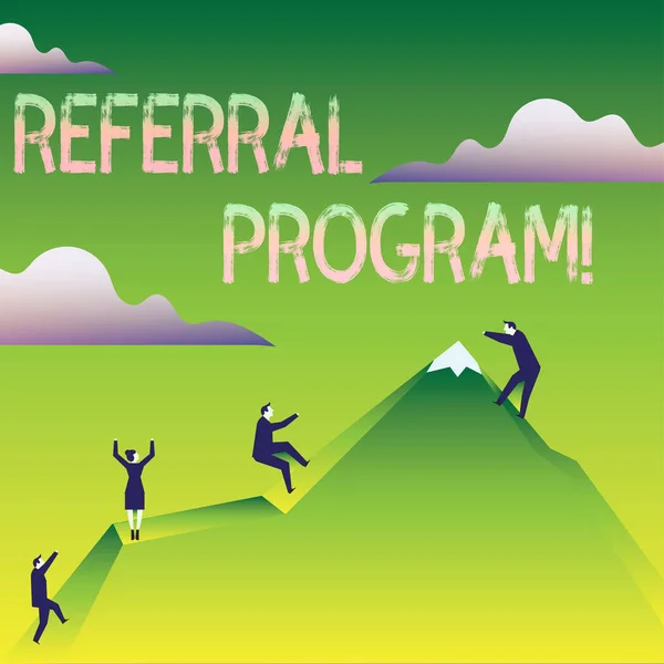 Word writing text Referral Program. Business concept for internal recruitment method employed by organizations Business People Climbing Color Mountain by Themselves Holding Invisible Rope.