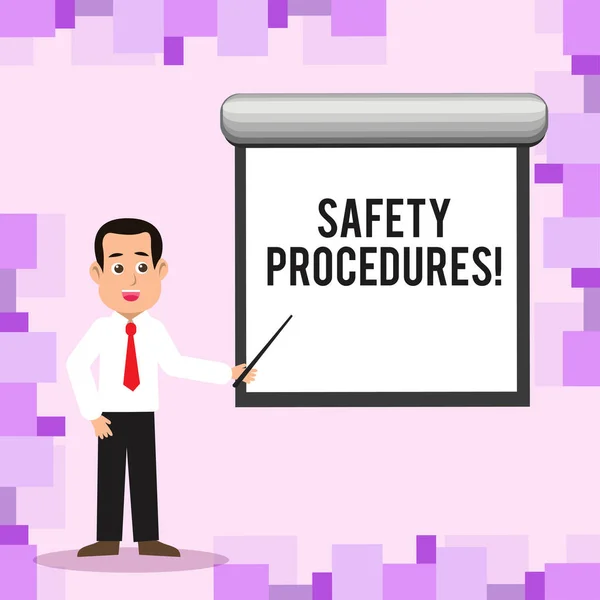 Writing note showing Safety Procedures. Business photo showcasing Follow rules and regulations for workplace security Man in Necktie Holding Stick Pointing White Screen on Wall.