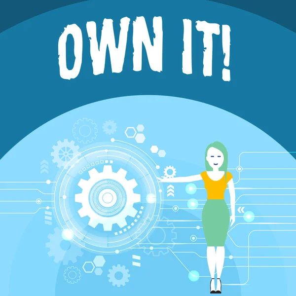 Escribiendo una nota que muestra "Own It". Foto de negocios mostrando uno que pertenece a uno mismo Ser responsable de sus actividades de acciones Mujer Presentando el proceso SEO con engranaje de rueda de engranaje dentro . — Foto de Stock