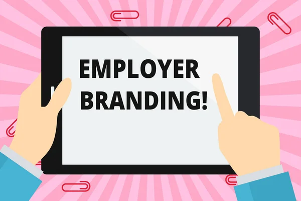 Word writing text Employer Branding. Business concept for promoting company employer choice to desired target group Hand Holding Pointing Touching Blank Rectangular Color Tablet White Screen.