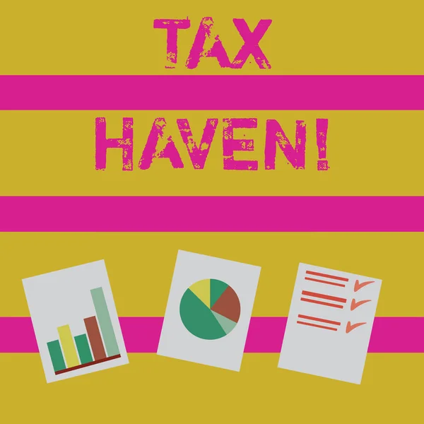 Texte textuel Tax Haven. Concept d'entreprise pour le pays ou la zone indépendante où les taxes sont perçues à faible taux Présentation de la barre, des données et du diagramme à secteurs Graphique Chacun sur le livre blanc . — Photo