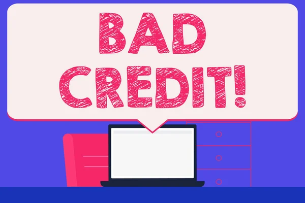 Text sign showing Bad Credit. Conceptual photo offering help after going for loan then getting rejected Blank Huge Speech Bubble Pointing to White Laptop Screen in Workspace Idea. — Stock Photo, Image