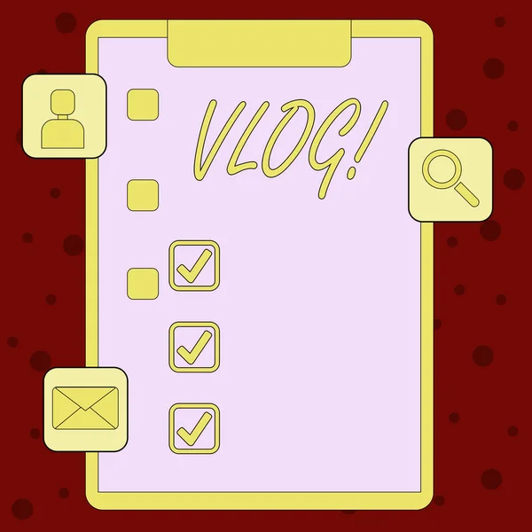 Handwriting text Vlog. Concept meaning Entertaining multimedia self broadcasting news reporting stories Clipboard with Tick Box and 3 Apps Icons for Assessment, Updates, Reminder.