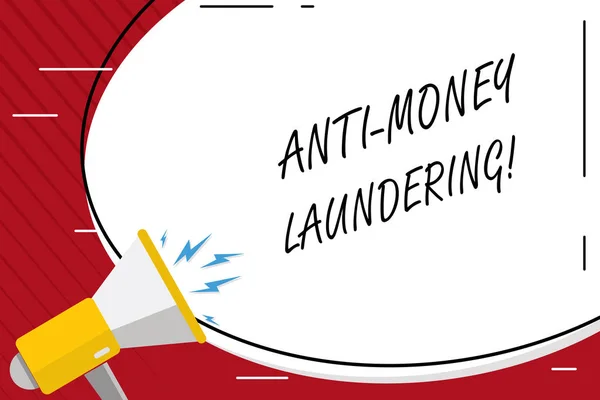 Handwriting text writing Anti Money Laundering. Concept meaning regulations stop generating income through illegal actions Blank White Huge Oval Shape Sticker and Megaphone Shouting with Volume Icon.