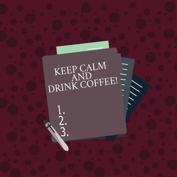 Conceptual hand writing showing Keep Calm And Drink Coffee. Business photo text encourage demonstrating to enjoy caffeine drink and relax Lined Paper Stationery Partly into View from Pastel Folder.