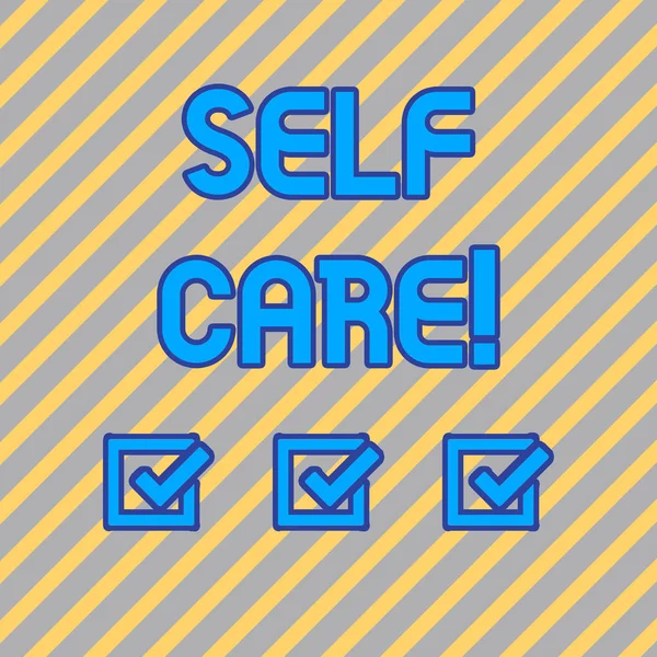 Text sign showing Self Care. Conceptual photo practice of taking action preserve or improve ones own health Seamless Diagonal Pattern of Pale Gold and Silver Stripes for Formal Theme. — Stock Photo, Image