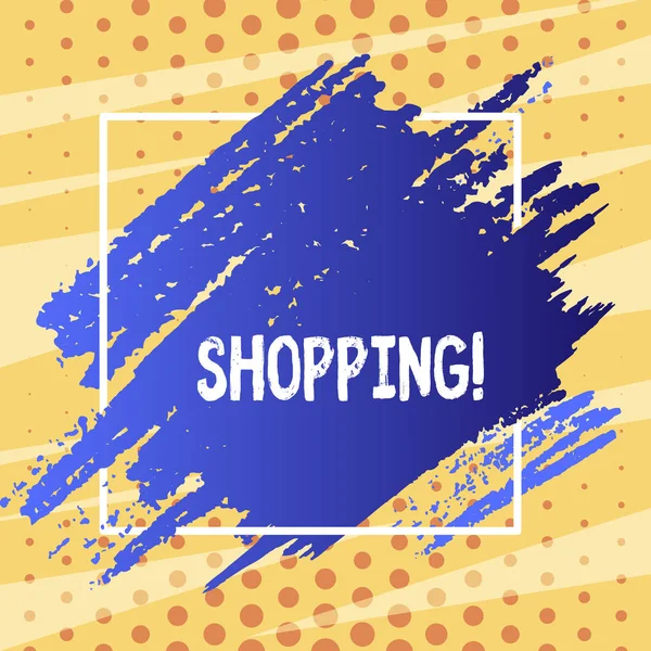 Tekst teken weergegeven: Shopping. Conceptuele foto Shopper klant kopen goederen producten winkel ervaring Blue Tone verf binnen Square Line Frame. Getextureerde vlekken met lege ruimte. — Stockfoto