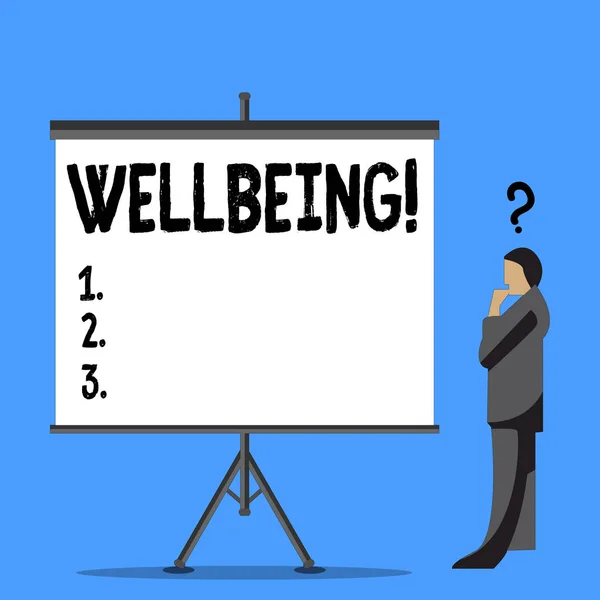 Word writing text Wellbeing. Business concept for Healthy lifestyle conditions of showing life work balance Businessman with Question Mark Above his Head Standing Beside Blank Screen. — Stock Photo, Image