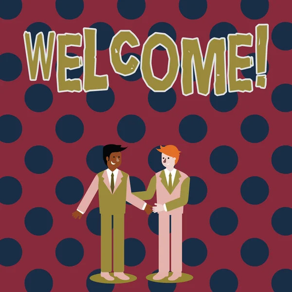 Writing note showing Welcome. Business photo showcasing Warm salutation acknowledgement for someone amiable loved thanked Businessmen Smiling and Greeting each other by Handshaking. — Stock Photo, Image