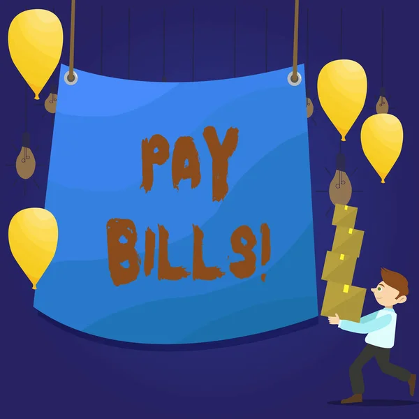 Writing note showing Pay Bills. Business photo showcasing list of expenses to be paid total amount costs or expenses Man Carrying Pile of Boxes with Tarpaulin in Center Balloons.
