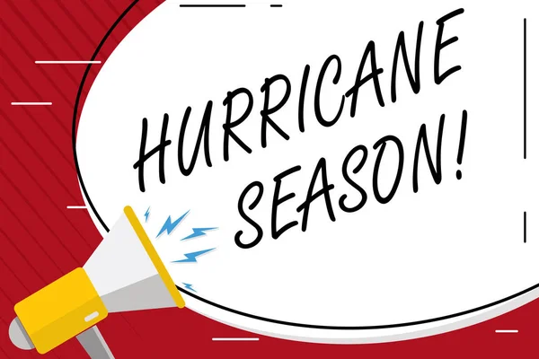 Handwriting text writing Hurricane Season. Concept meaning time when most tropical cyclones are expected to develop Blank White Huge Oval Shape Sticker and Megaphone Shouting with Volume Icon.