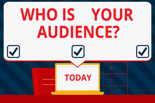 Handwriting text writing Who Is Your Audience Question. Concept meaning who is watching or listening to it Blank Huge Speech Bubble Pointing to White Laptop Screen in Workspace Idea.