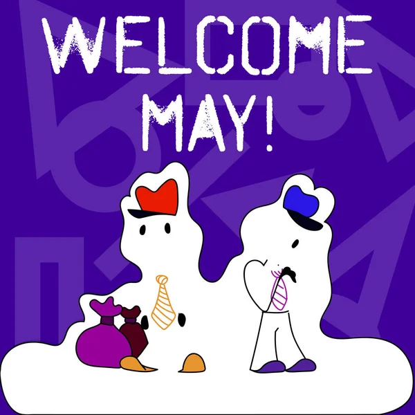 Conceptual hand writing showing Welcome May. Business photo text welcoming fifth month of year usually considered summer Figure of Two Men Standing with Pouch Bag White Snow Effect.