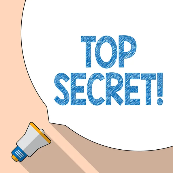 Schrijven van notitie Top Secret tonen. Zakelijke foto presentatie hoogste secrec zeer vertrouwelijke bestanden informatie of plaatsen White toespraak Bubble bezetten helft van Screen en megafoon. — Stockfoto