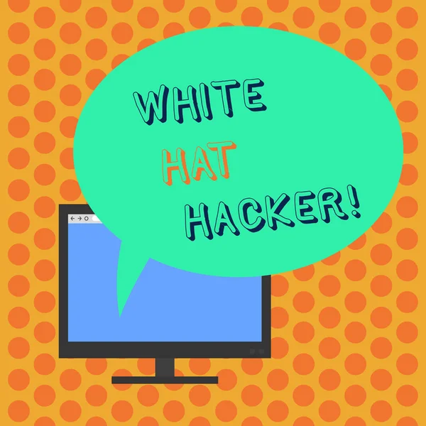 Writing note showing White Hat Hacker. Business photo showcasing Computer security expert specialist in penetration testing Mounted Computer Monitor Blank Screen with Oval Color Speech Bubble.
