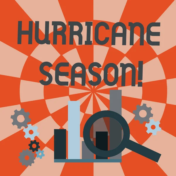 Text sign showing Hurricane Season. Conceptual photo time when most tropical cyclones are expected to develop Magnifying Glass Over Bar Column Chart beside Cog Wheel Gears for Analysis.