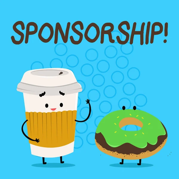 Handwriting text Sponsorship. Concept meaning Person or company giving financial material support assistance Carry Out Paper Cup with Lid and Sleeve Beside Doughnut with Frosting on Top. — Stock Photo, Image