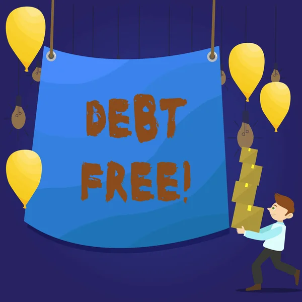 Writing note showing Debt Free. Business photo showcasing does not owning any money or things to any individual or companies Man Carrying Pile of Boxes with Tarpaulin in Center Balloons.