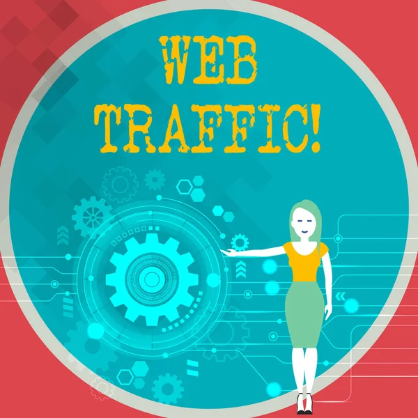 Text sign showing Web Traffic. Conceptual photo amount of data sent and received by visitors to website Woman Standing and Presenting the SEO Process with Cog Wheel Gear inside.