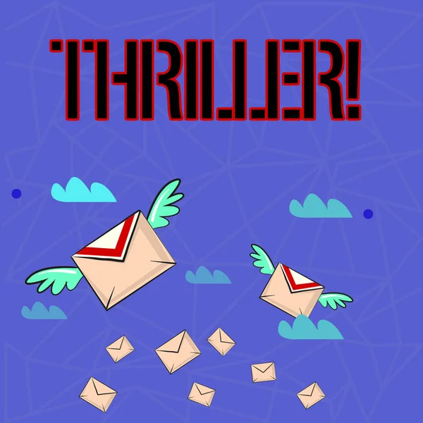 Uwaga: pisanie Wyświetlono Thriller. Biznesowe zdjęcie prezentujący chłodzenie straszne chwile w życiu filmu a film kategorii kolorowe koperty poczta lotnicza i dwóch z nich skrzydła. — Zdjęcie stockowe
