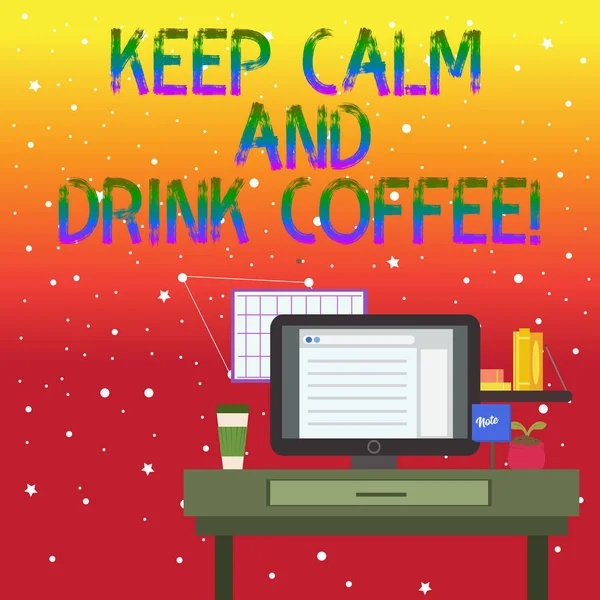 Handwriting text writing Keep Calm And Drink Coffee. Concept meaning encourage demonstrating to enjoy caffeine drink and relax photo of Interior Working Space Station Concept of Technical Person. — Stock Photo, Image