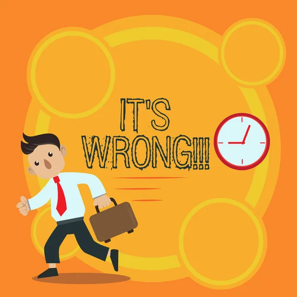 Writing note showing It S Wrong. Business photo showcasing have made mistake or done something that is bad or illegal Man Carrying Briefcase Walking Past the Analog Wall Clock. — Stock Photo, Image