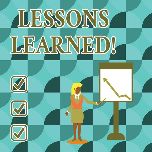 Handwriting text writing Lessons Learned. Concept meaning experiences distilled project that should actively taken Businesswoman Holding Stick Pointing to Chart of Arrow Upward on Whiteboard.