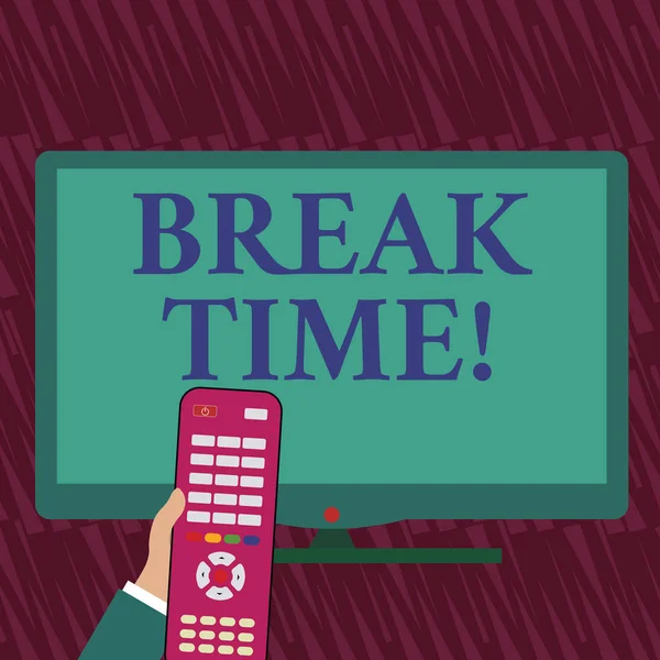 Text sign showing Break Time. Conceptual photo scheduled time when workers stop working for brief period Hand Holding Computer Remote Control infront of Blank Wide Color PC Screen. — Stock Photo, Image