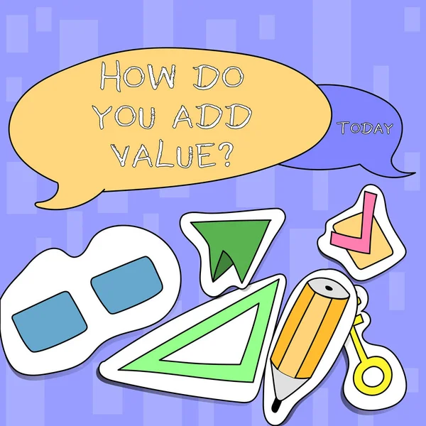Handskrift text skriva hur gör du lägga till Valuequestion. Begreppet mening Bring business framsteg bidrar tjäna två tomma färgglada pratbubbla och olika etiketter klistermärke stilikoner. — Stockfoto