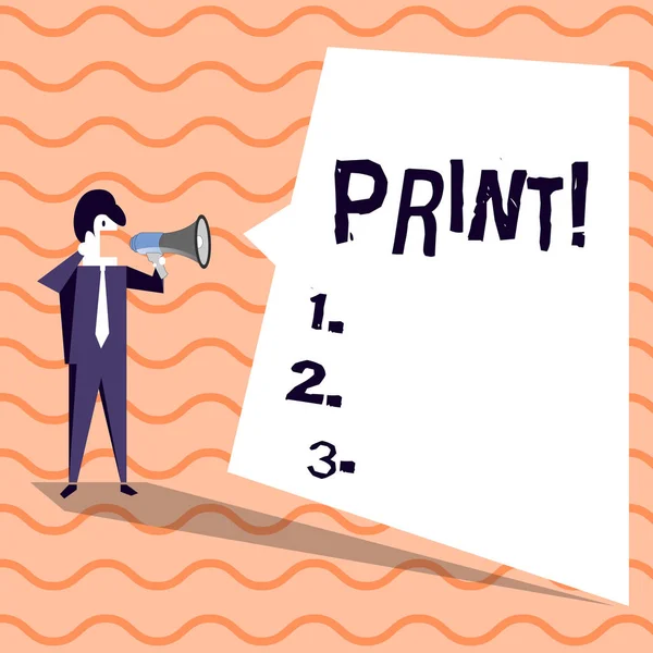 Word writing text Print. Business concept for Produce letter numbers symbols on paper by machine using ink or toner Businessman Shouting on Megaphone and Blank White Uneven Shape Speech Bubble.