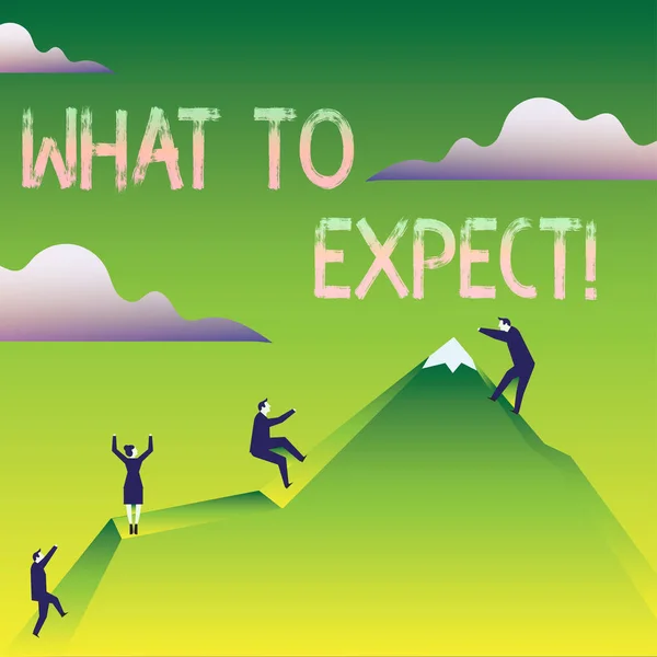 Word writing text What To Expect. Business concept for asking about regard something as likely to happen occur Business People Climbing Color Mountain by Themselves Holding Invisible Rope.