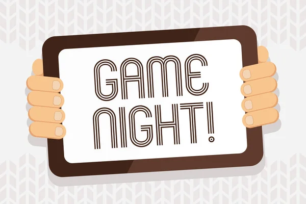 Handwriting text writing Game Night. Concept meaning usually its called on adult play dates like poker with friends Color Tablet Smartphone with Blank Screen Handheld from the Back of Gadget. — Stock Photo, Image