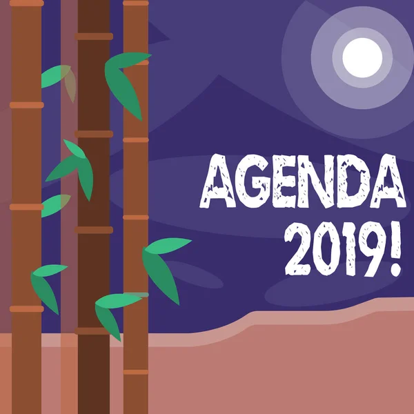 Word writing text Agenda 2019. Business concept for list of items to be discussed at formal meeting or event Colorful Sets of Leafy Bamboo on Left Side and Moon or Sun with Round Beam.