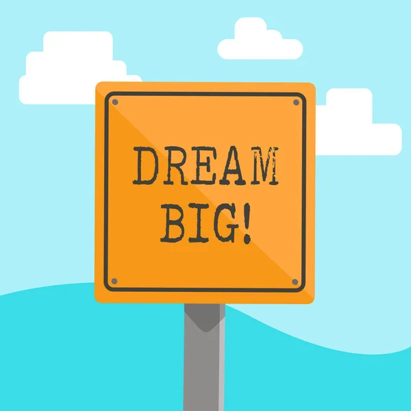 Word writing text Dream Big. Business concept for seeking purpose for your life and becoming fulfilled in process 3D Square Blank Colorful Caution Road Sign with Black Border Mounted on Wood. — Stock Photo, Image