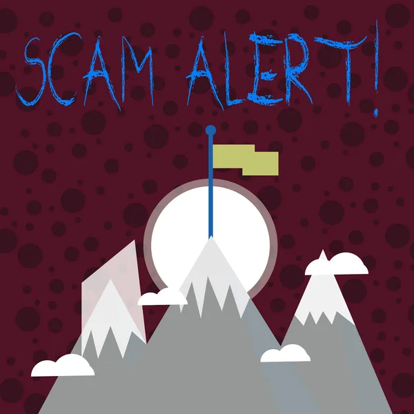 Текст знака показ Scam Alert. Концептуальні фото незаконним трюк зазвичай з метою отримання грошей від показані три високих гір снігом і один має порожній барвисті прапор на піку. — стокове фото