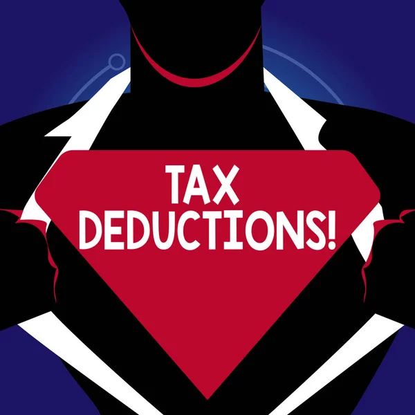 Uwaga: pisanie Wyświetlono ulg podatkowych. Biznes zdjęcie prezentujący zmniejszenie dochodu, który może być opodatkowany w koszty otwarcia człowiek koszulę, aby odsłonić puste Logo trójkątne. — Zdjęcie stockowe