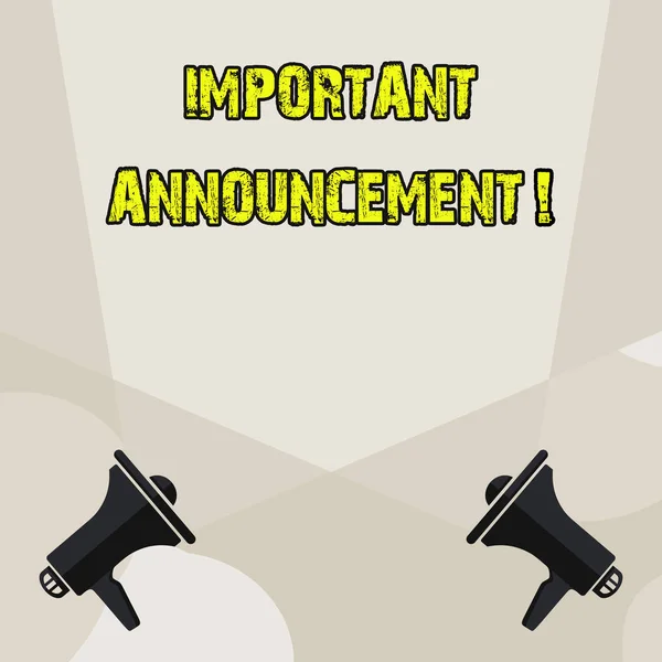 Conceptual hand writing showing Important Announcement. Business photo showcasing spoken statement that tells showing about something Blank Spotlight Crisscrossing Upward Megaphones on the Floor.