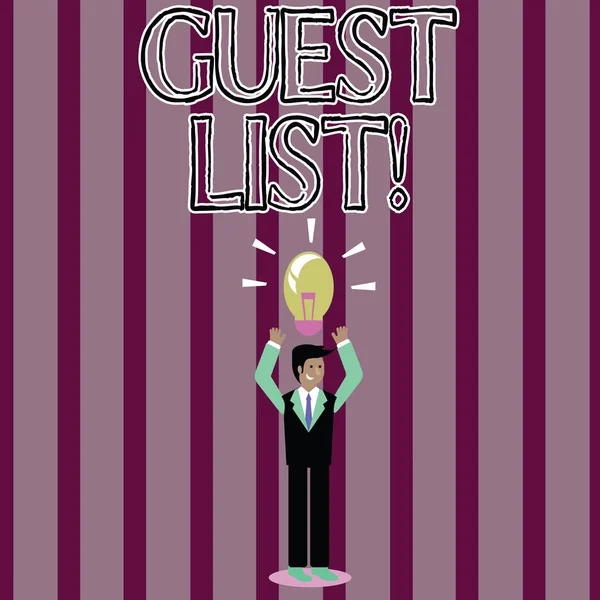 Handwriting text Guest List. Concept meaning showing who are to be admitted to concert or similar event Businessman Standing Raising Arms Upward with Lighted Bulb Icon on his Head. — Stock Photo, Image