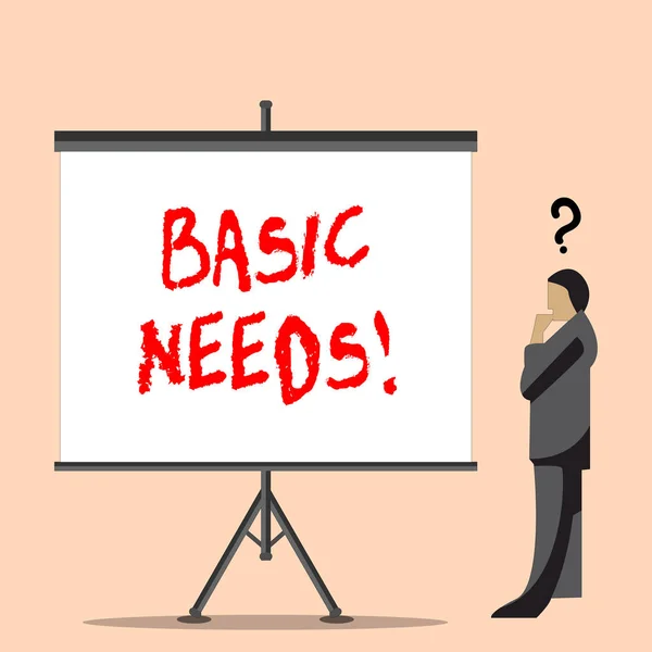 Word writing text Basic Needs. Business concept for measurement of absolute poverty in developing countries Businessman with Question Mark Above his Head Standing Beside Blank Screen.