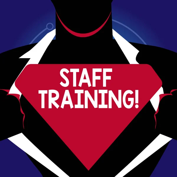 Writing note showing Staff Training. Business photo showcasing learn specific knowledge improve perforanalysisce in current roles Man Opening his Shirt to reveal the Blank Triangular Logo.