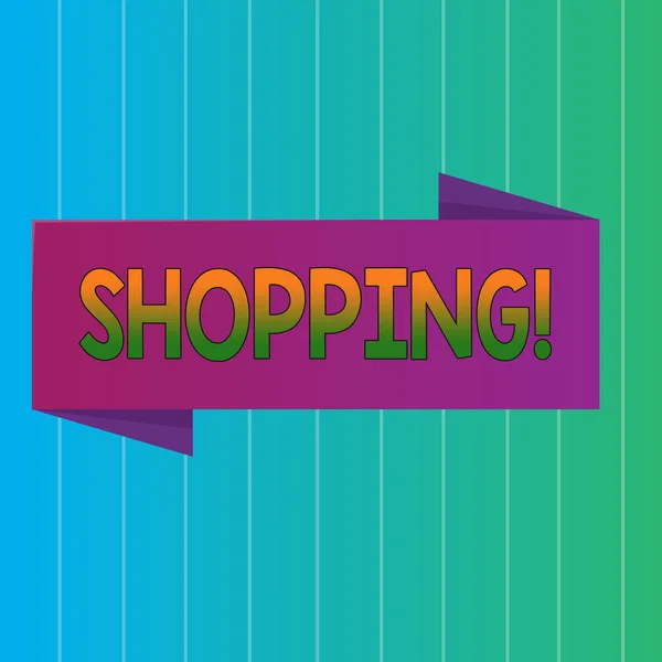 Texteinkauf. Geschäftskonzept für Shopper Kunden kaufen Waren speichern Erfahrung blank gefaltet Farbe Banner Foto auf vertikal gestreiften zwei getönten Hintergrund. — Stockfoto