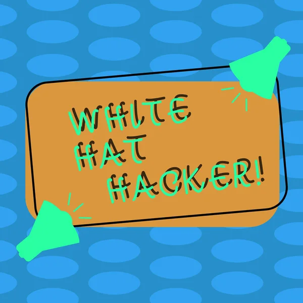 Word writing text White Hat Hacker. Business concept for Computer security expert specialist in penetration testing Two Megaphone with Sound icon on Blank Color Outlined Rectangular Shape.